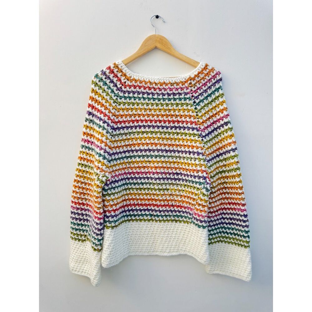 Handmade Rainbow Striped Crochet Sweater Medium Moss Stitch Colorful Knit